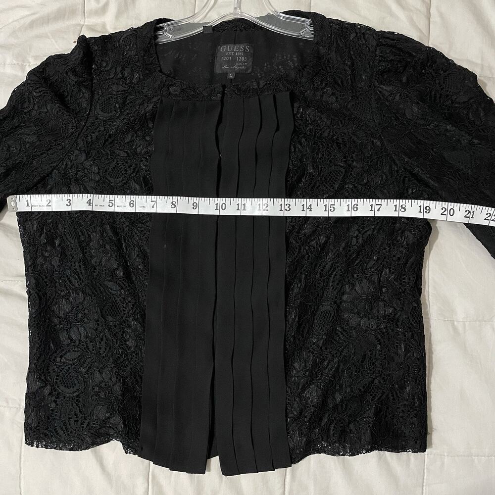 GUESS Lace Tuxedo Blouse Size Large Women Black Shirt Long Sleeve Holiday Luxury - Picture 3 of 7